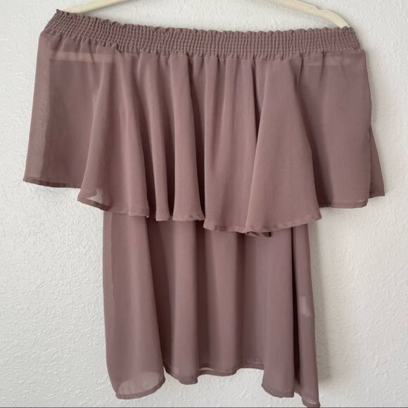 Show Me Your Mumu brown ruffle off shoulders elastic neckline chiffon top - Picture 1 of 6